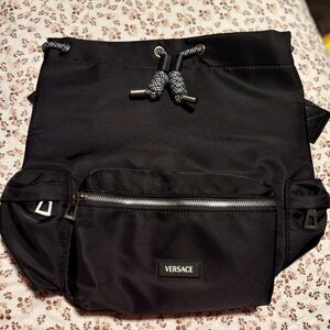 Versace Black Nylon Drawstring Backpack